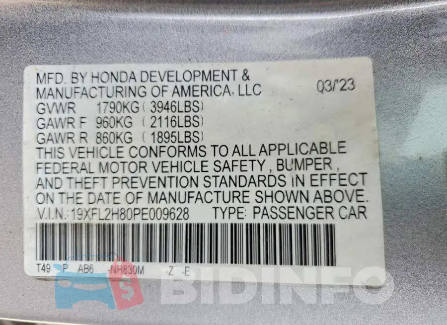 19XFL2H80PE009628 Photo# 12
