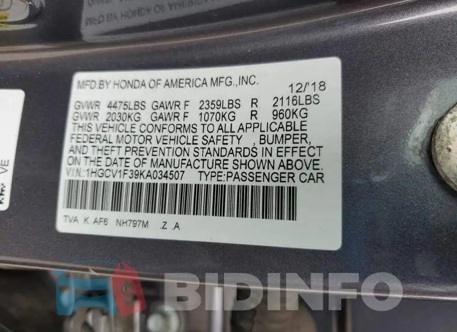 1HGCV1F39KA034507 Photo# 12