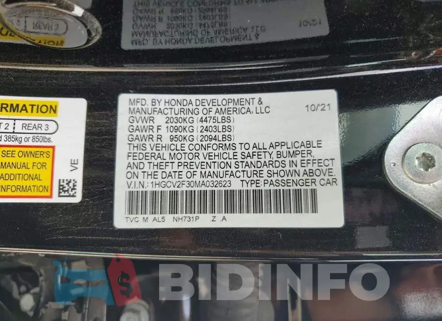 1HGCV2F30MA032623 Photo# 12