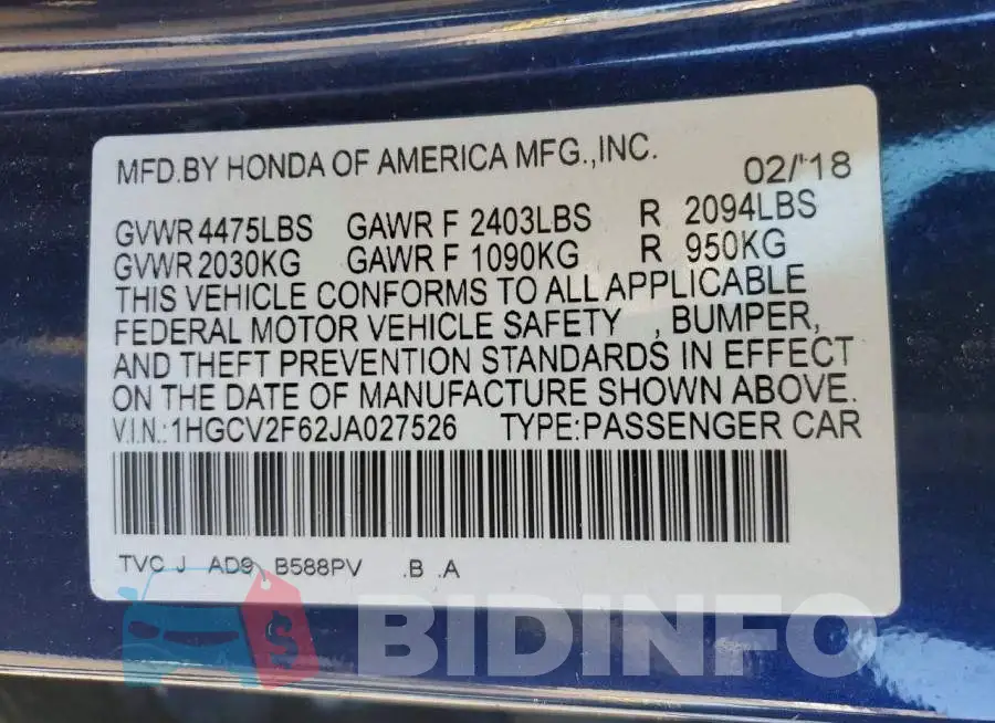 1HGCV2F62JA027526 Photo# 12