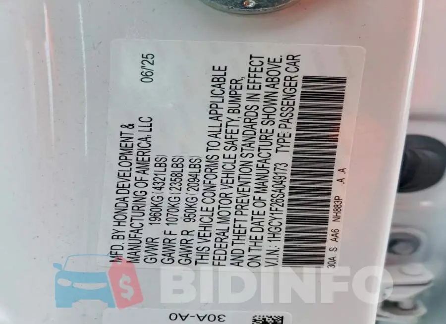 1HGCY1F26SA049173 Photo# 13