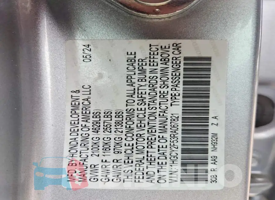 1HGCY2F53RA067821 Photo# 12