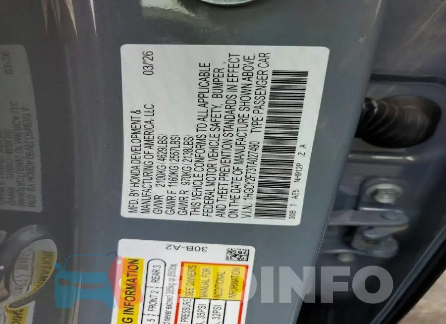 1HGCY2F73TA027490 Photo# 12