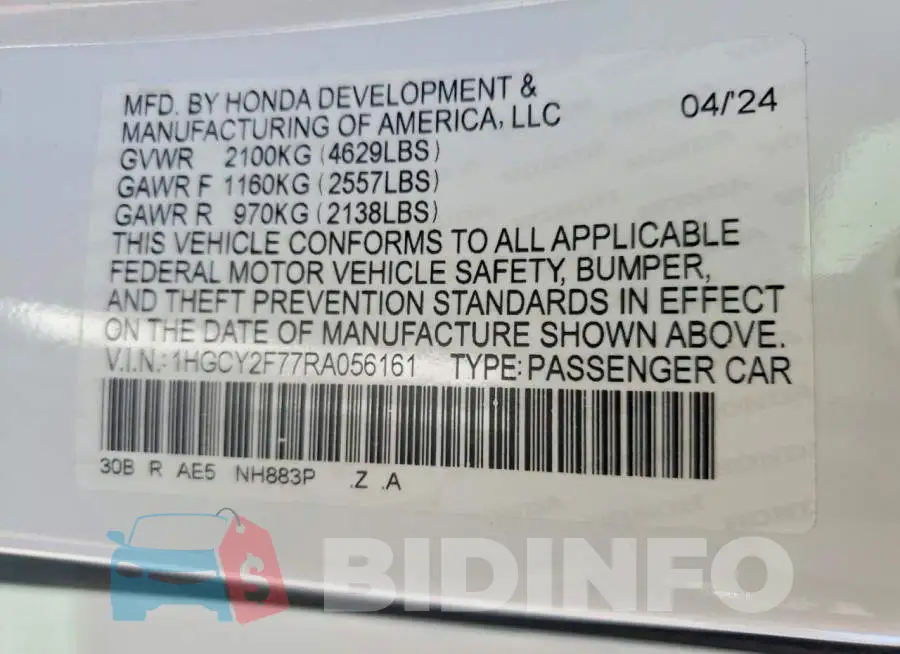 1HGCY2F77RA056161 Photo# 12