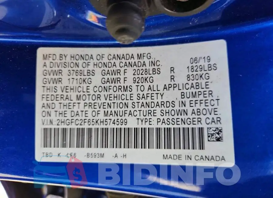 2HGFC2F65KH574599 Photo# 12