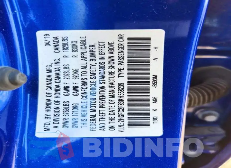 2HGFC2F83KH558239 Photo# 13