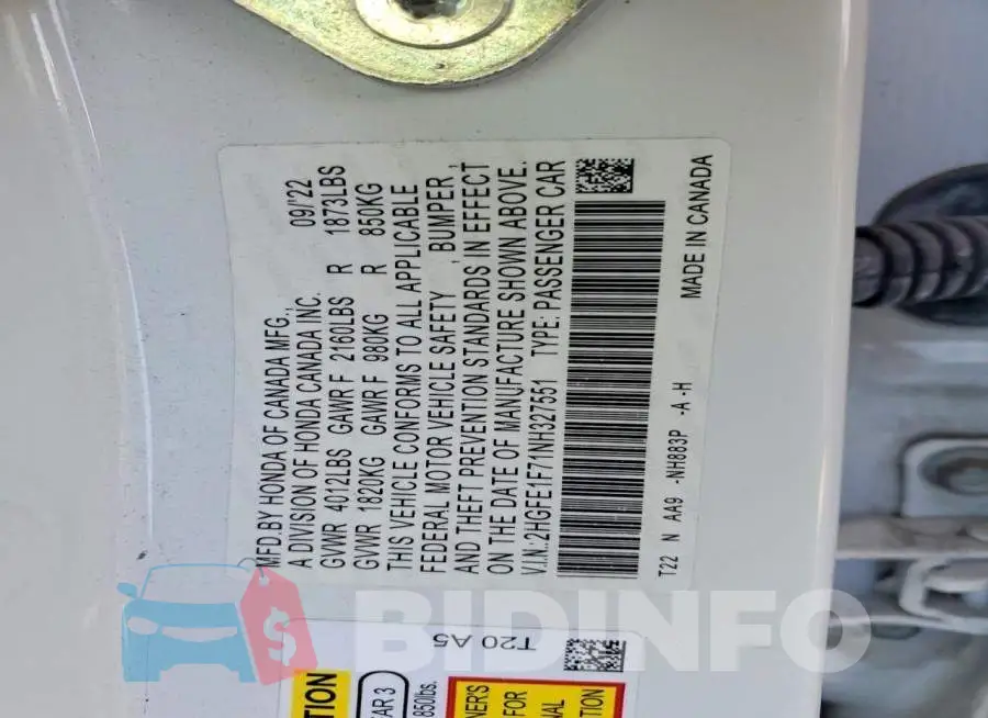 2HGFE1F71NH327551 Photo# 13