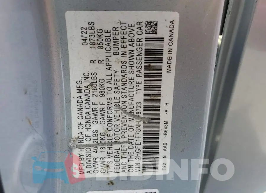 2HGFE1F73NH318723 Photo# 12