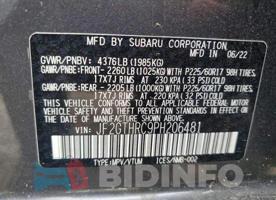 JF2GTHRC9PH206481 Photo# 13