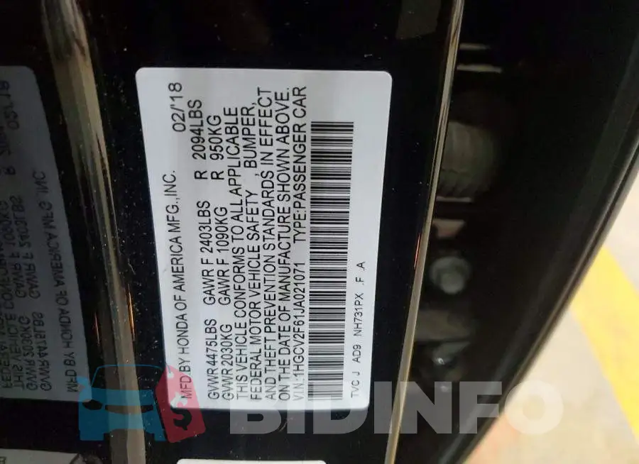 1HGCV2F61JA021071 Photo# 12