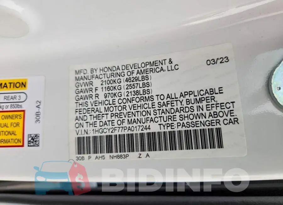 1HGCY2F77PA017244 Photo# 12