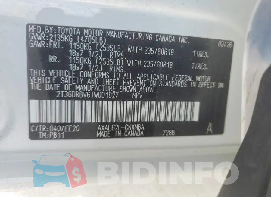 2T36DRBV6TW001827 Photo# 13