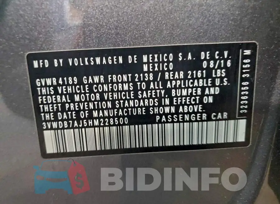 3VWDB7AJ5HM228500 Photo# 12