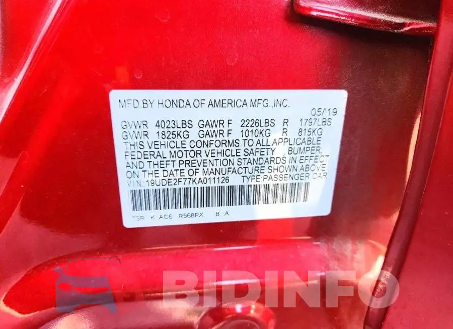 19UDE2F77KA011126 Photo# 12