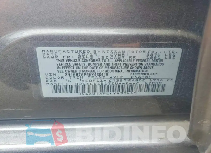 3N1AB7AP6KY430419 Photo# 13