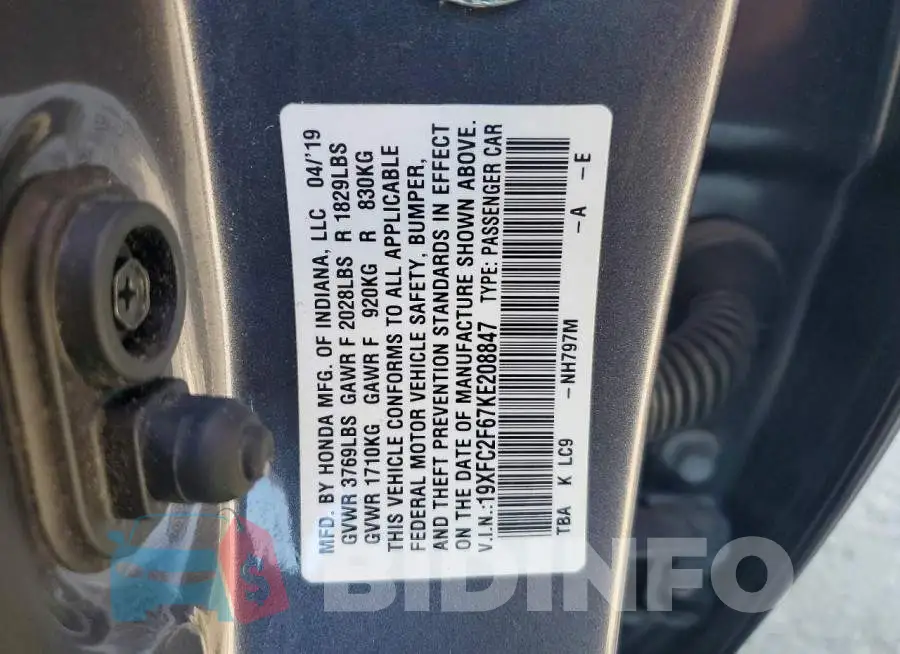 19XFC2F67KE208847 Photo# 13