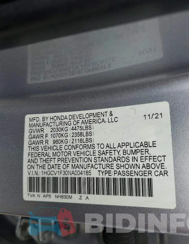 1HGCV1F30NA004185 Photo# 12