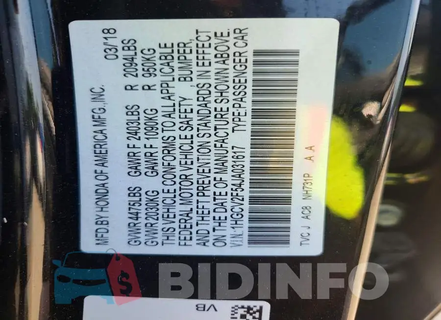 1HGCV2F54JA031617 Photo# 12