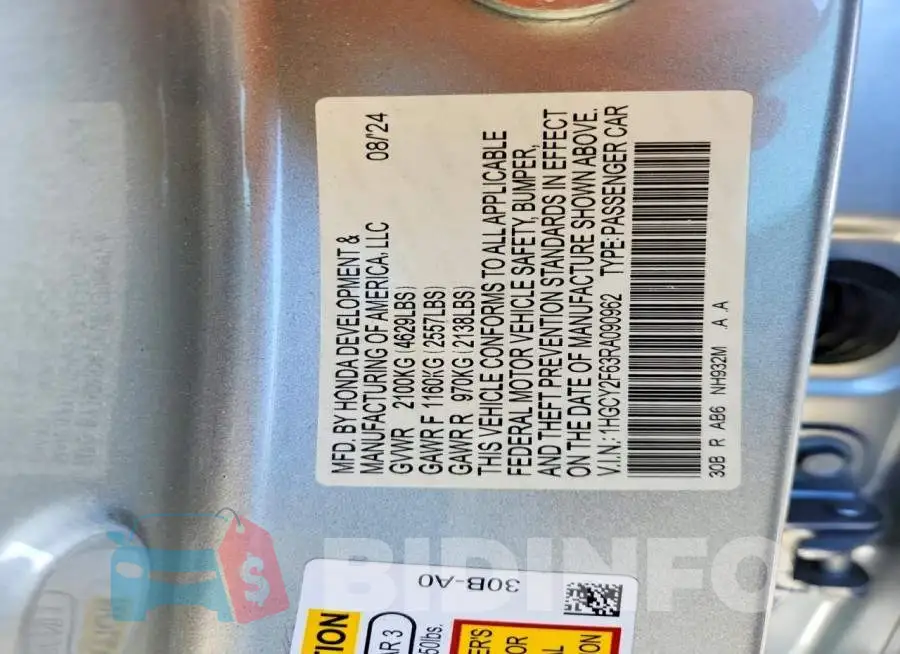 1HGCY2F63RA090962 Photo# 13