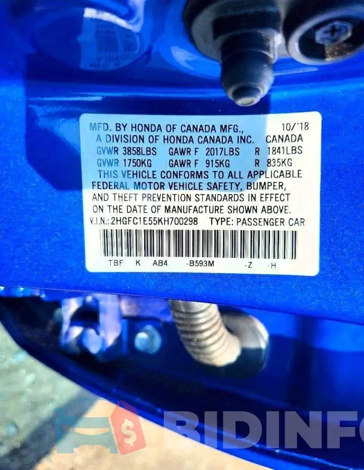 2HGFC1E55KH700298 Photo# 12