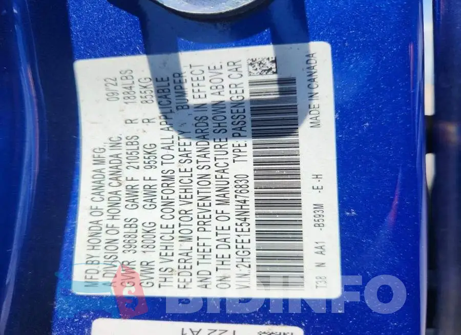 2HGFE1E54NH476830 Photo# 12