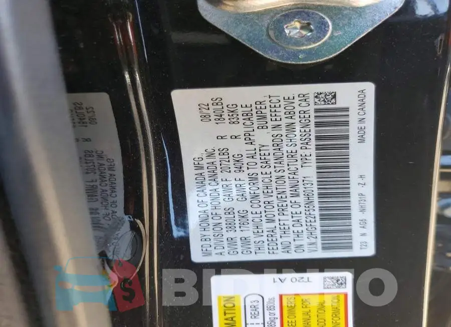 2HGFE2F55NH601371 Photo# 12