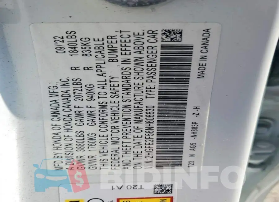 2HGFE2F56NH606630 Photo# 12