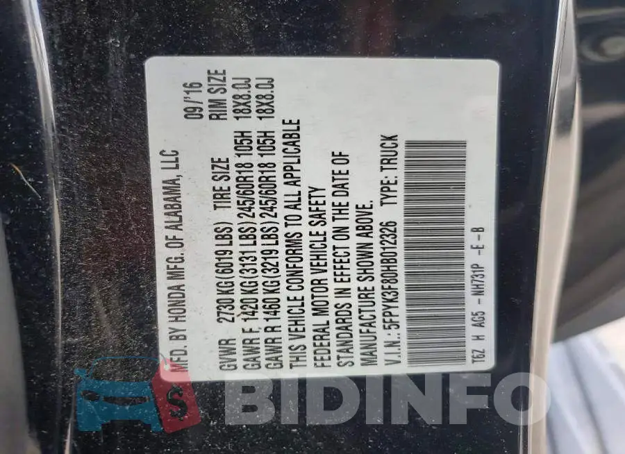 5FPYK3F80HB012326 Photo# 12
