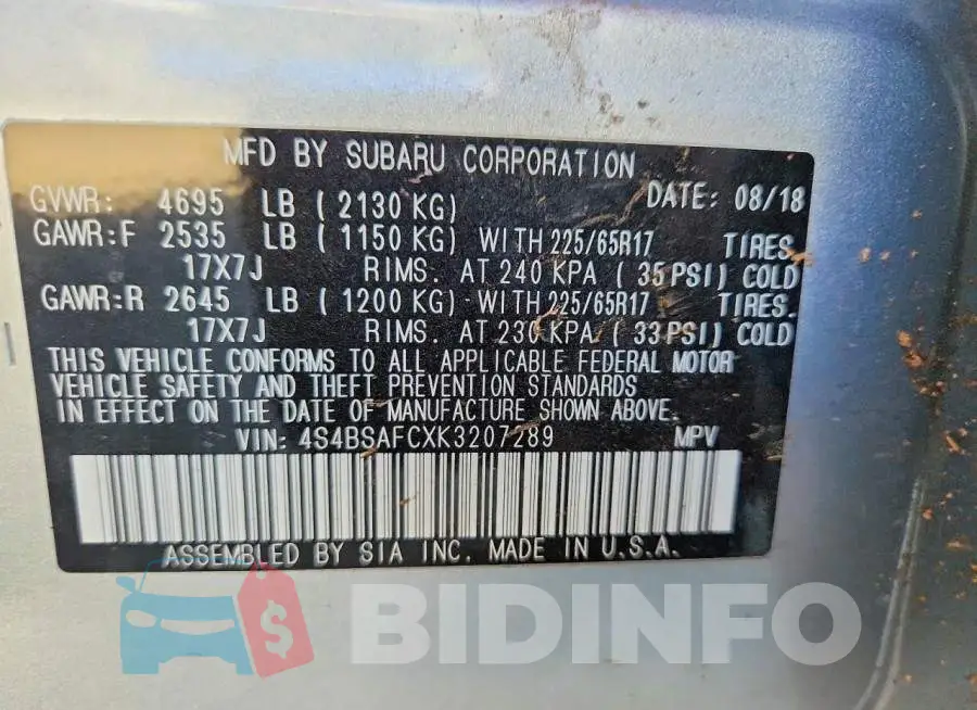 4S4BSAFCXK3207289 Photo# 12
