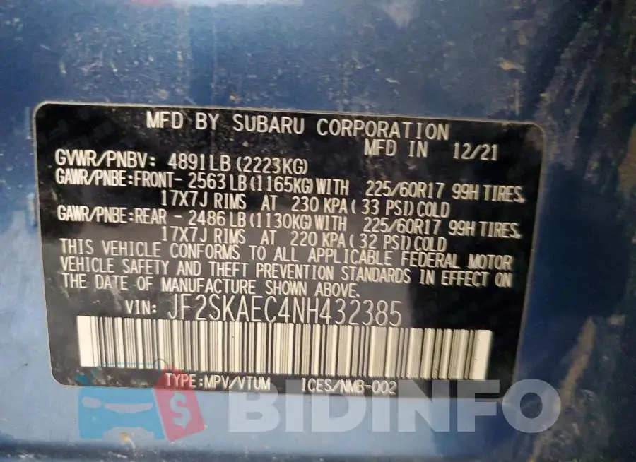 JF2SKAEC4NH432385 Photo# 14