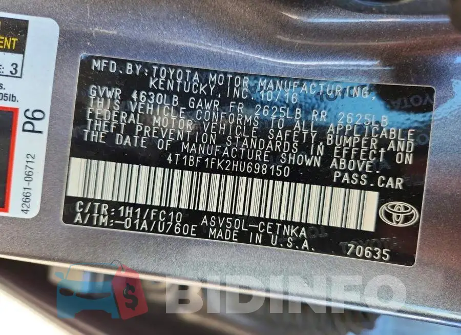 4T1BF1FK2HU698150 Photo# 12