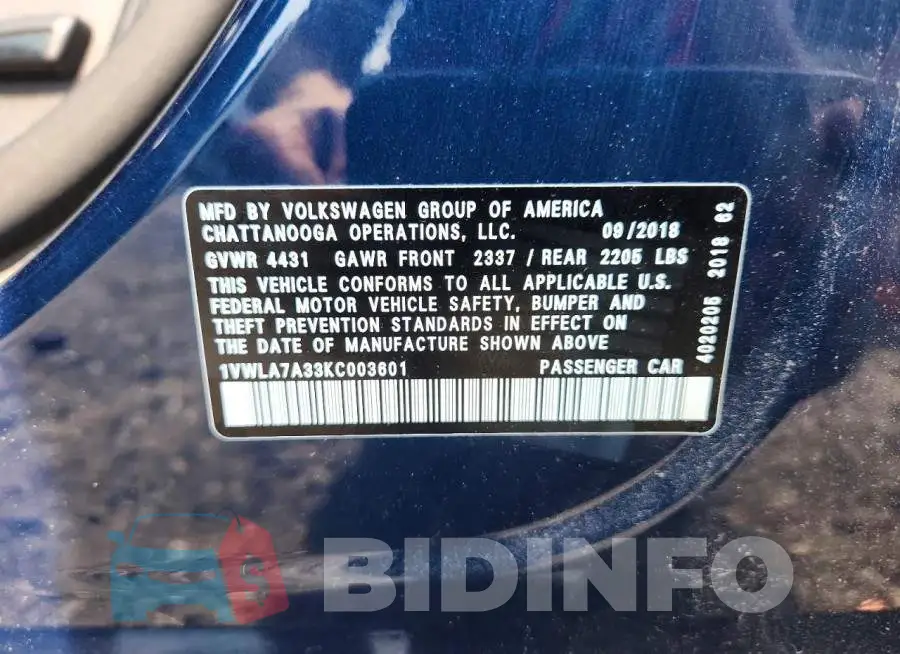 1VWLA7A33KC003601 Photo# 12