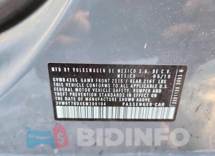 3VW6T7BU4KM209104 Photo# 13