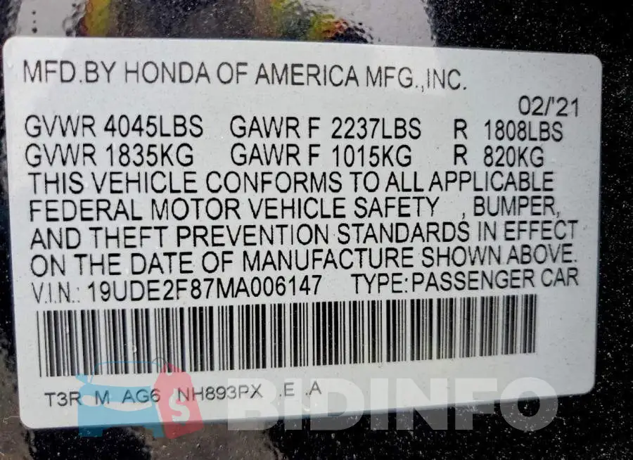 19UDE2F87MA006147 Photo# 13