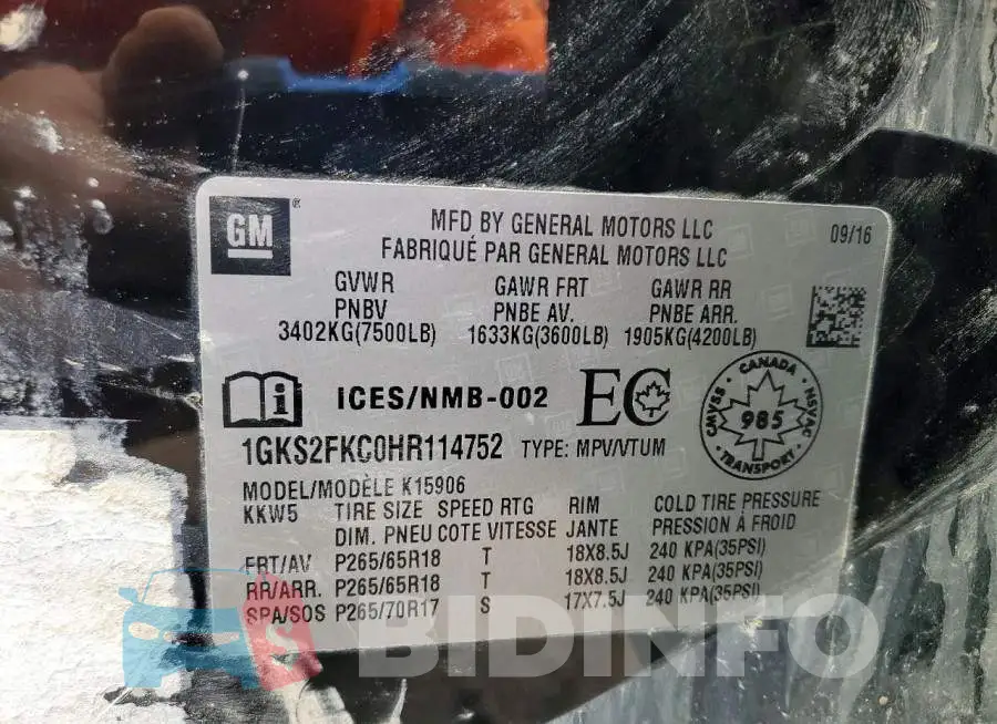1GKS2FKC0HR114752 Photo# 13