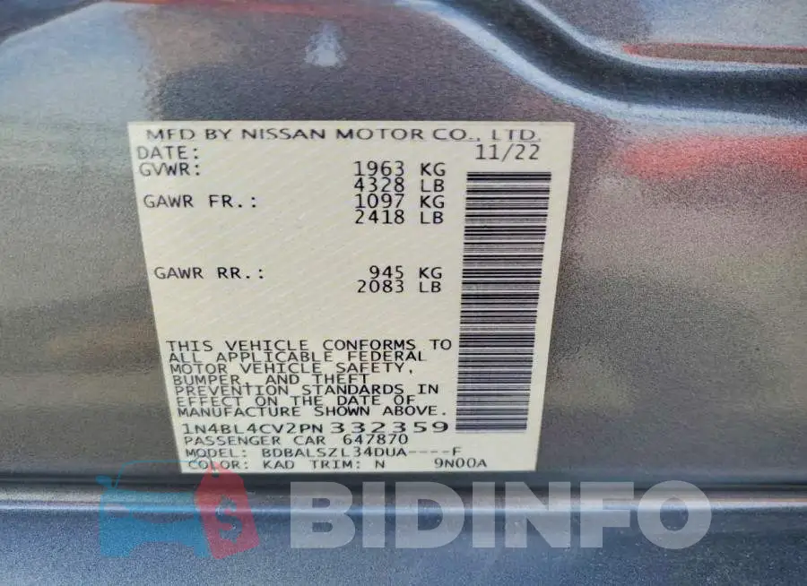 1N4BL4CV2PN332359 Photo# 12