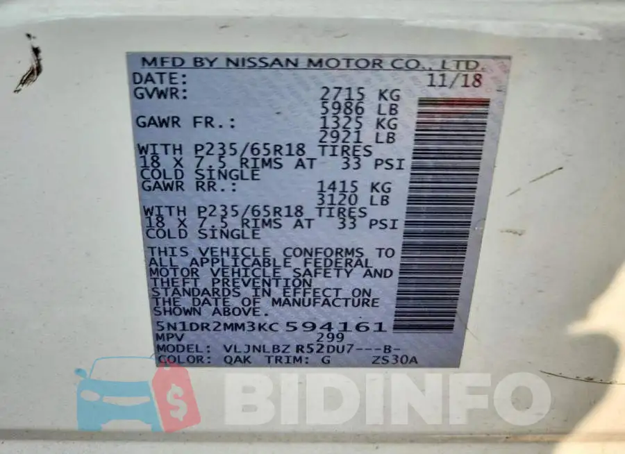 5N1DR2MM3KC594161 Photo# 12