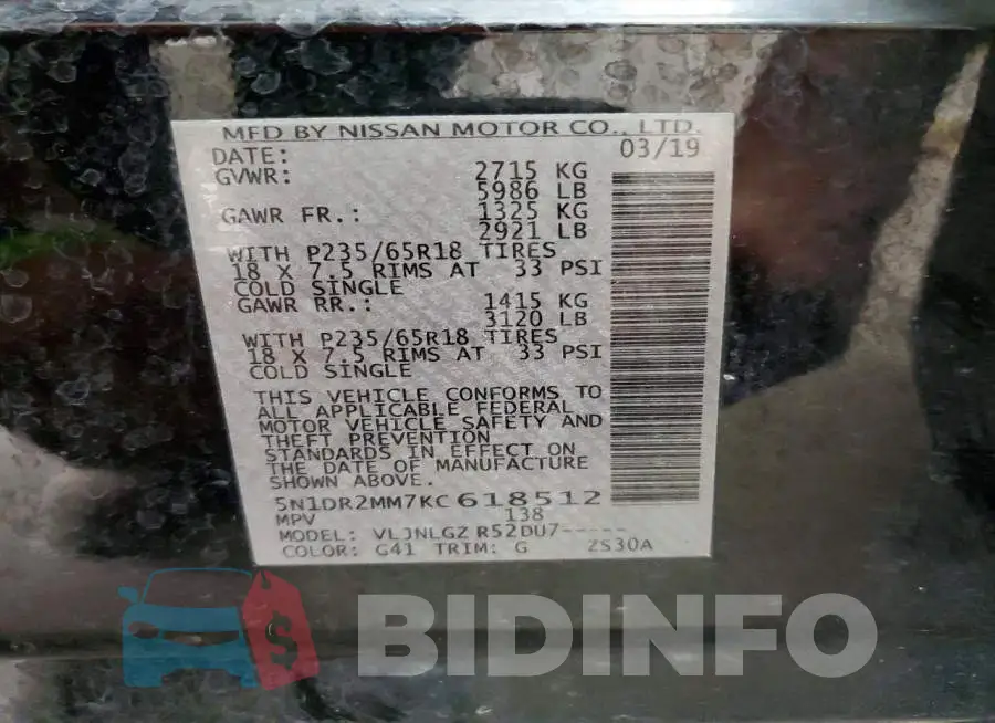 5N1DR2MM7KC618512 Photo# 13