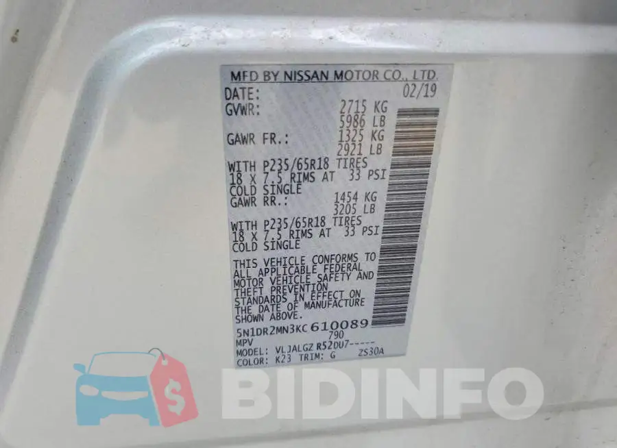 5N1DR2MN3KC610089 Photo# 13