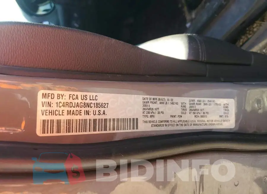 1C4RDJAG8NC185627 Photo# 13