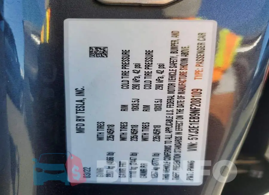 5YJ3E1EB9NF208109 Photo# 13