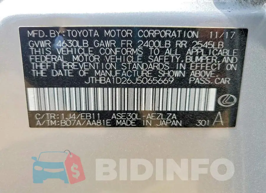 JTHBA1D26J5065669 Photo# 12