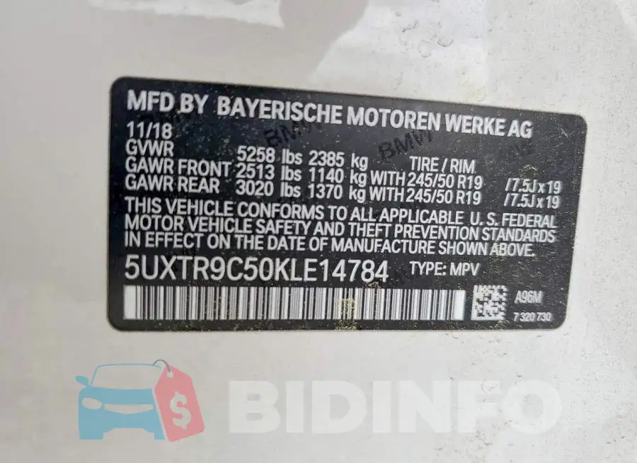 5UXTR9C50KLE14784 Photo# 13