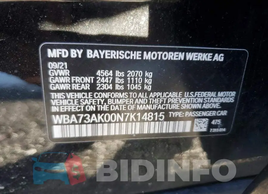 WBA73AK00N7K14815 Photo# 12