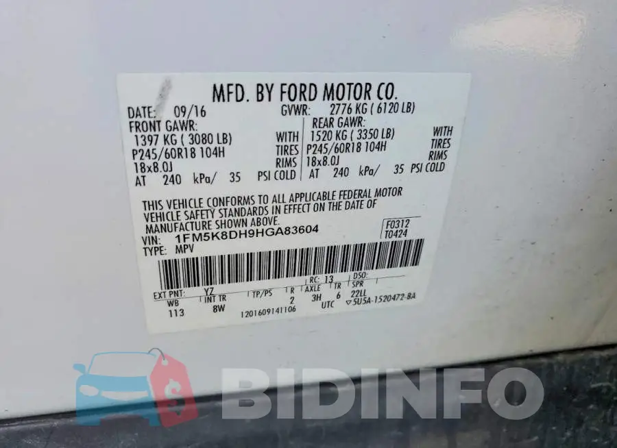 1FM5K8DH9HGA83604 Photo# 13