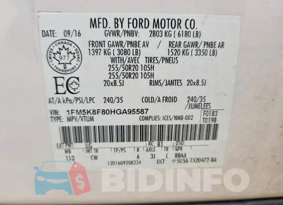 1FM5K8F80HGA95587 Photo# 13