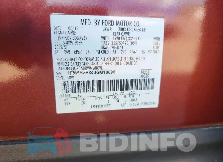1FM5K8F84JGB18696 Photo# 13