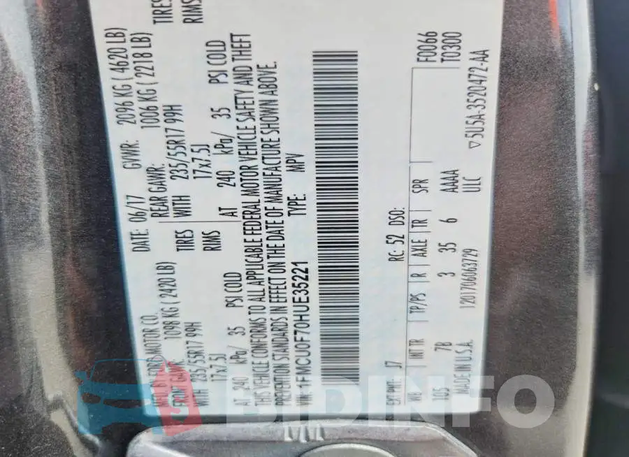 1FMCU0F70HUE35221 Photo# 12