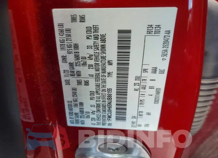 1FMCU0H65NUB86155 Photo# 12
