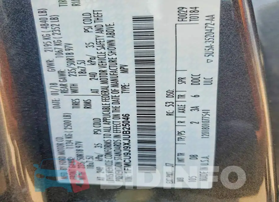 1FMCU9J9XJUB25046 Photo# 13